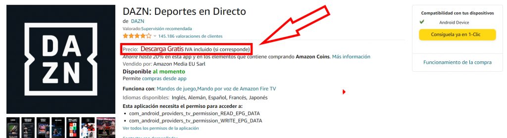 Dazn, en la app store de amazon prime